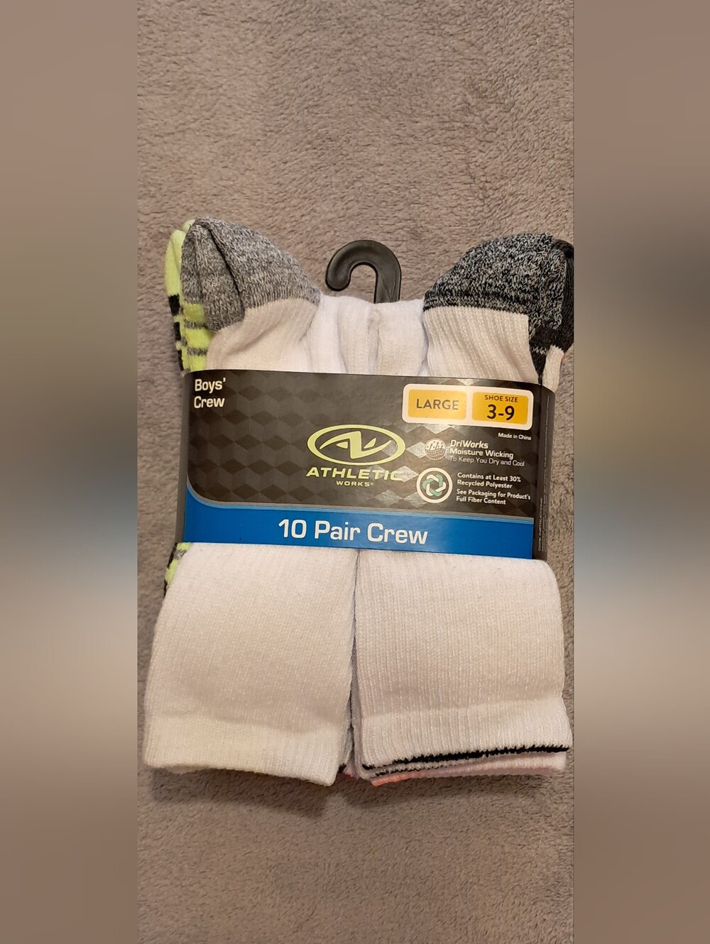 Athletic Works Boys 10pk Crew Socks Sz L(3-9)